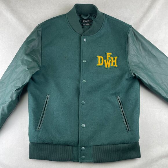 Deathworld DWFH Jacket Mens L Green Varsity Letterman College Wool Faux Leather - Picture 2 of 9